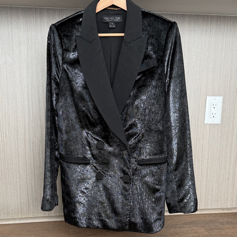 Rachel Zoe Shimmering Velvet Black Double-Breasted Blazer- size 4